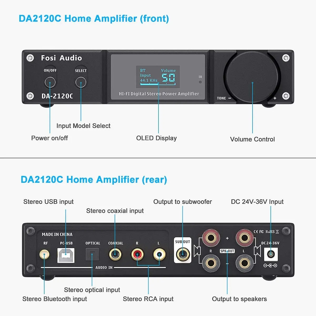 Fosi Audio DA2120C Bluetooth 2.1 Channel Amplifier Subwoofer